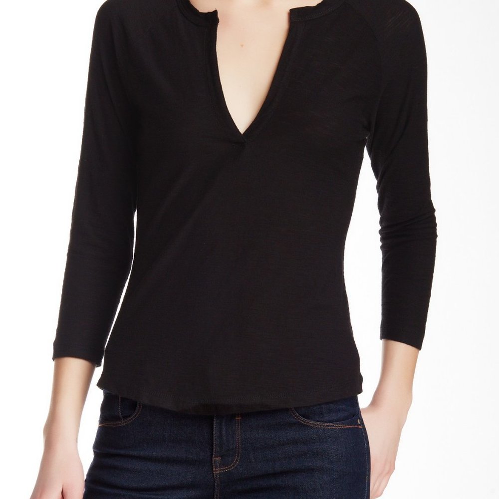 James Perse Split Neck Open Collar Raglan T-Shirt with 3/4 length…